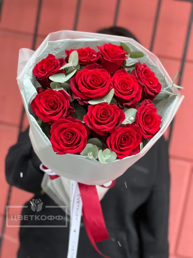 11 красных роз с эвкалиптом