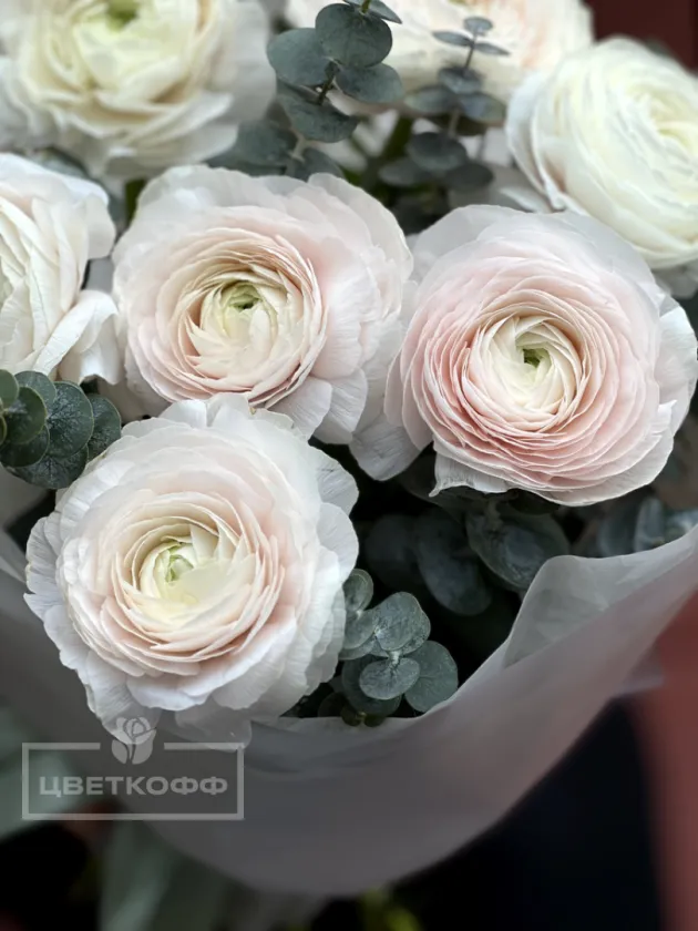 Моно букет с ранункулюсами и эвкалиптом