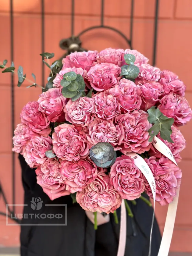 Моно букет из 25 пионовидных  роз сорта «Квинс краун»